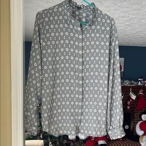 Ann Taylor Gray Blouse with White Geometric Design